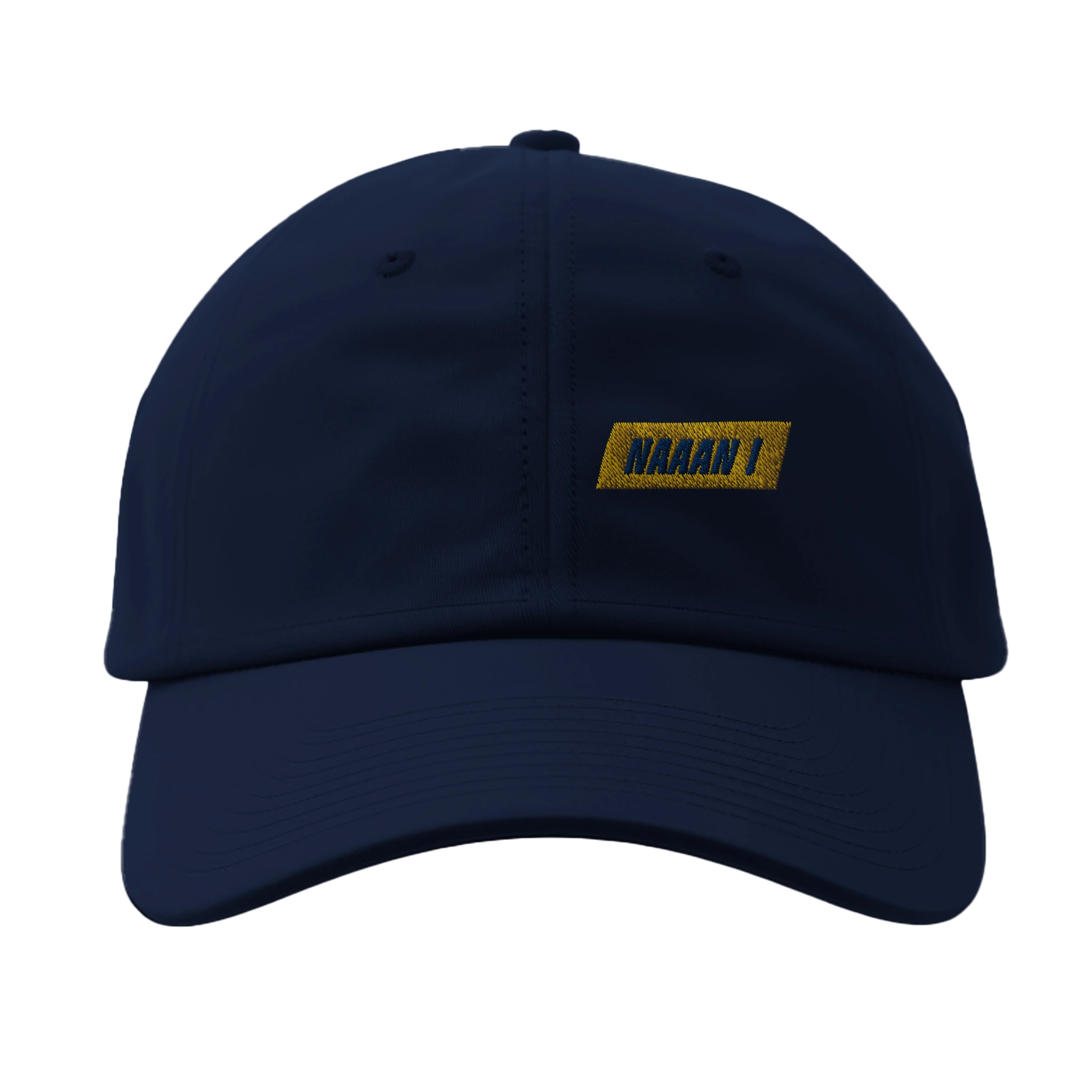casquette bleue logo brodé jaune fermeture arrière