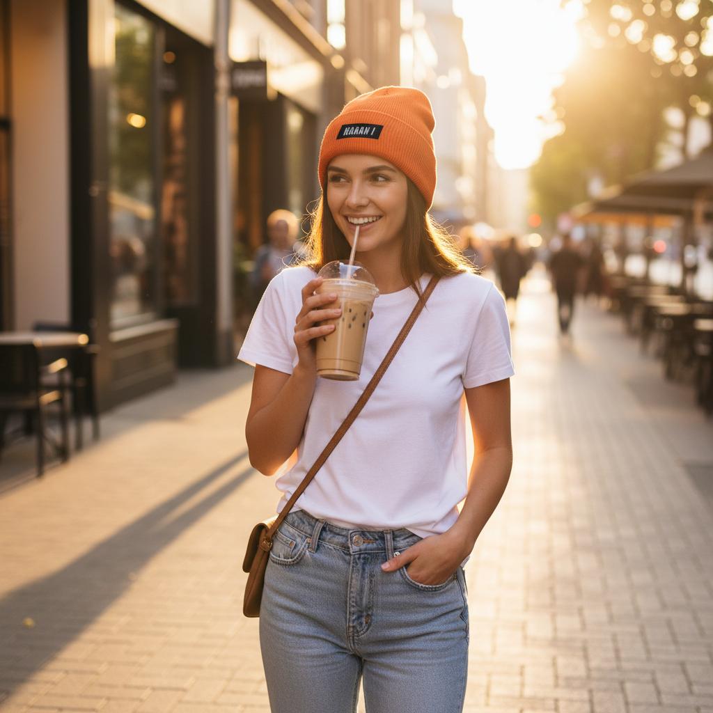 femme streat-wear bonnet à revers orange broderie logo
