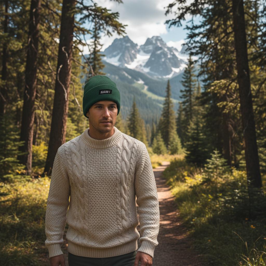un homme à la montagne, la tête au chaud sous un bonnet à revers vert broderie logo