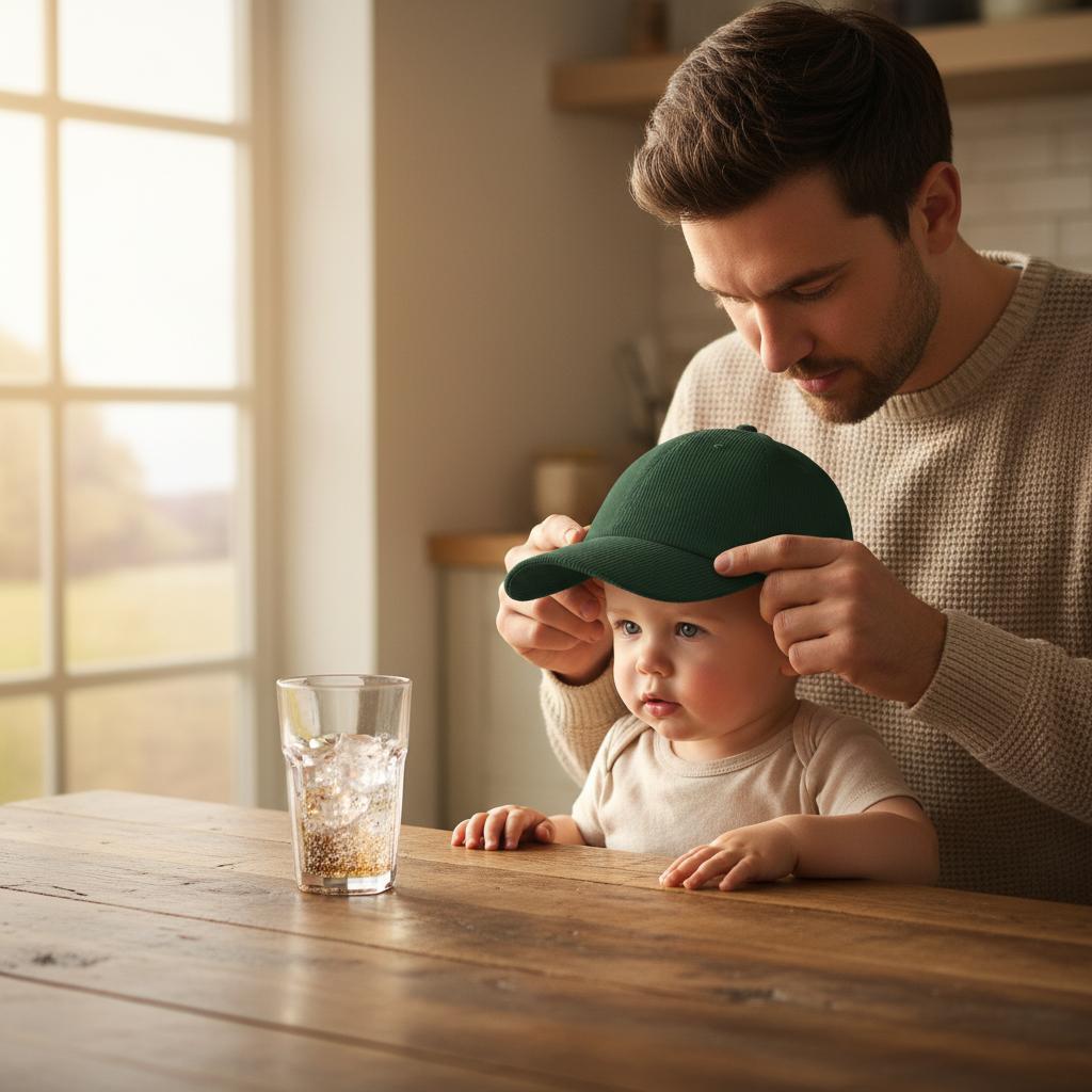 papa et enfant avec casquette velours côtelé vert brodée