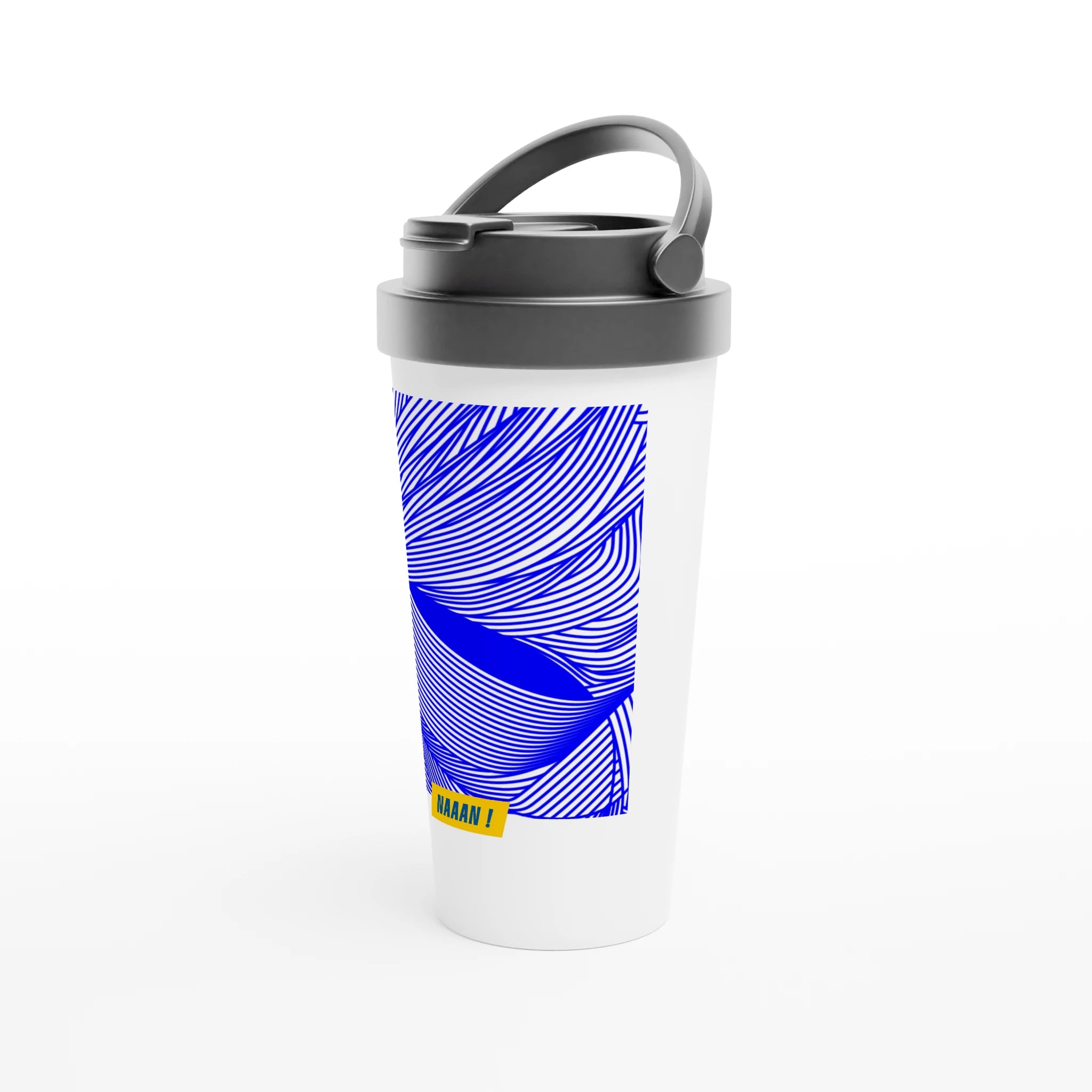 mug blanc portable avec couvercle -illustration bleue
