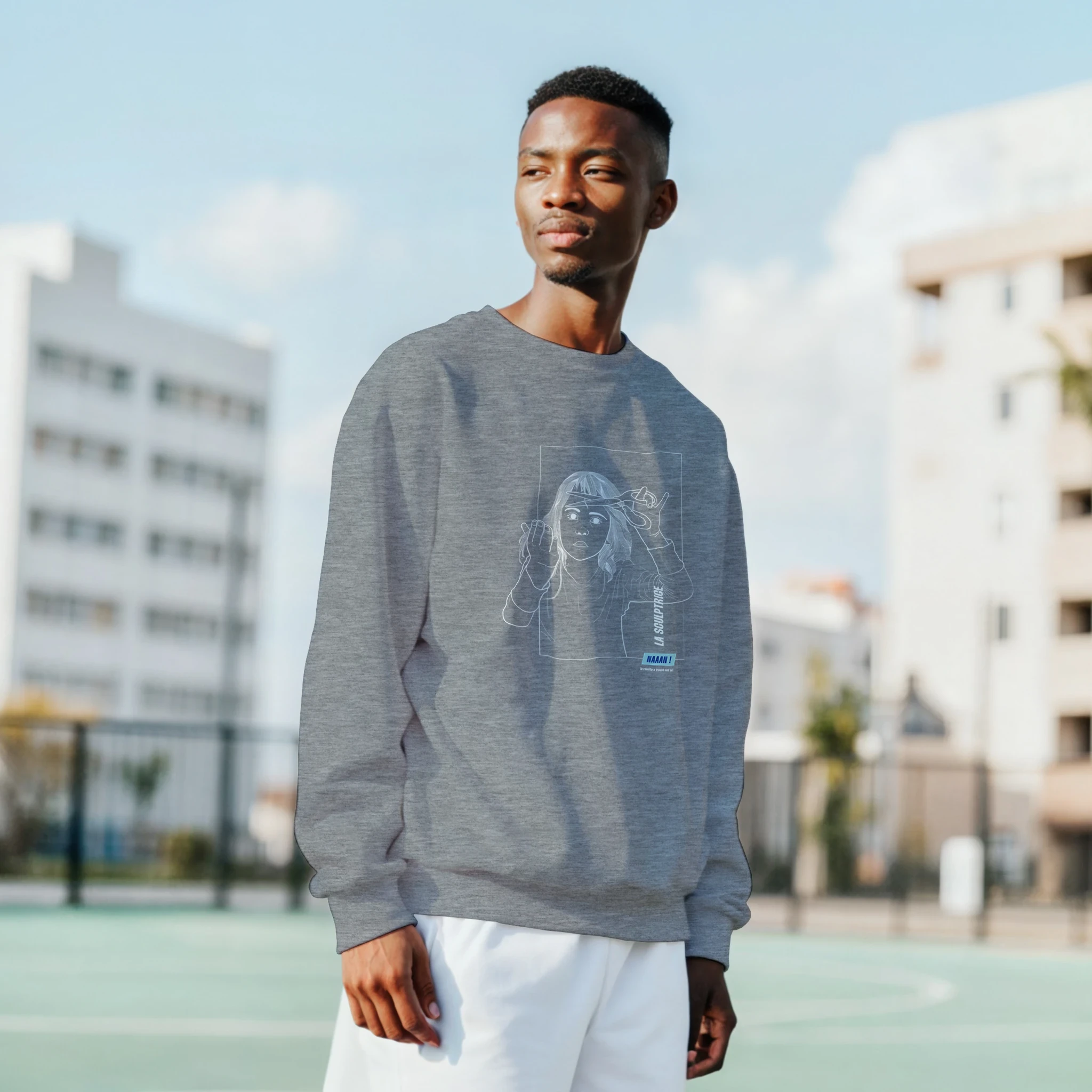 pull sweat unisexe gris dessin blanc-avant