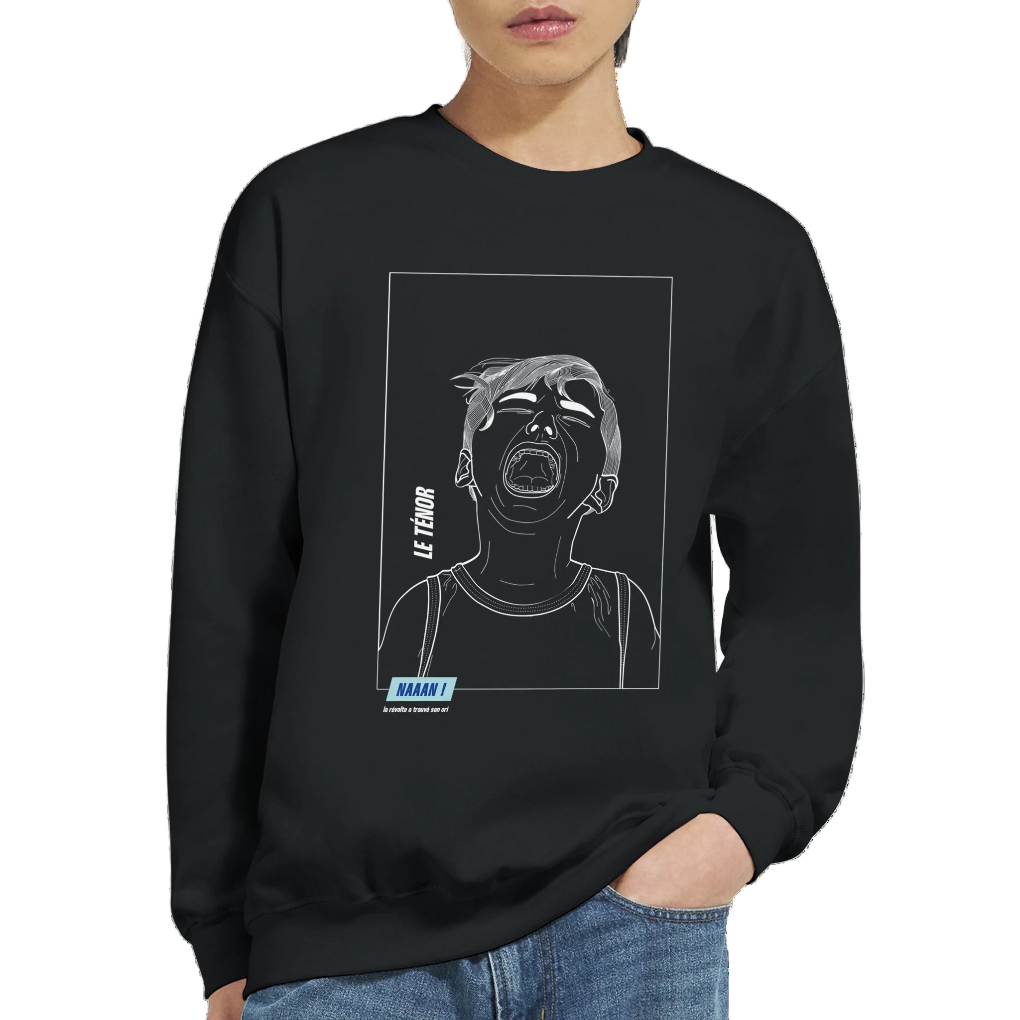 pull sweat unisexe noir dessin blanc