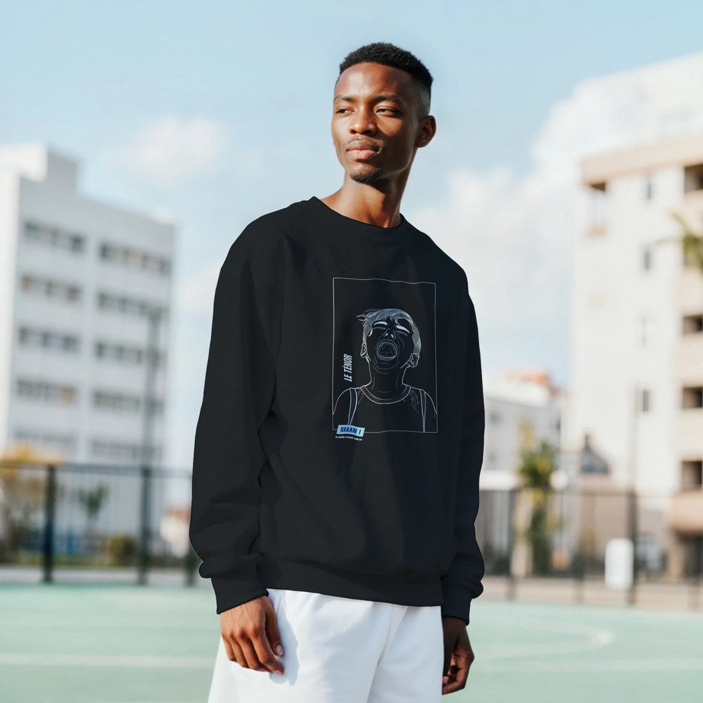 pull sweat unisexe noir dessin blanc avant