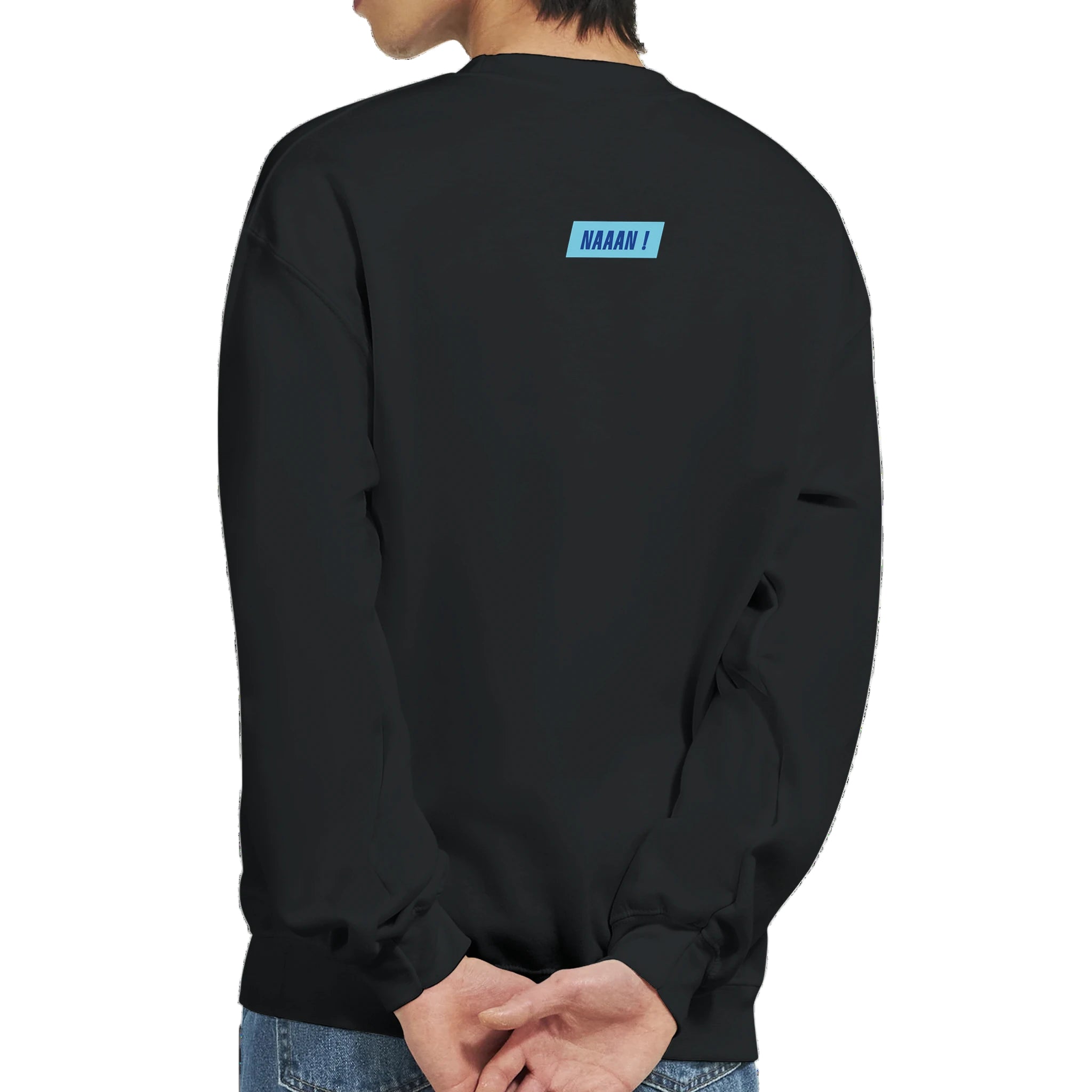 pull sweat unisexe noir dessin blanc logo bleu dos