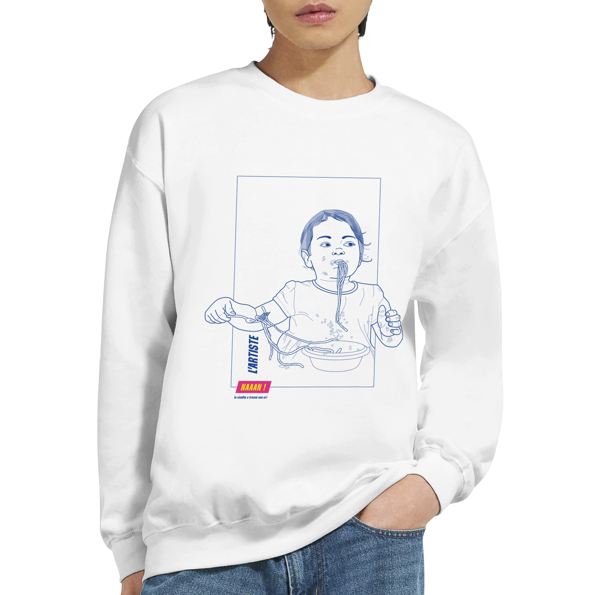 sweat pull blanc coton unisexe dessin avant