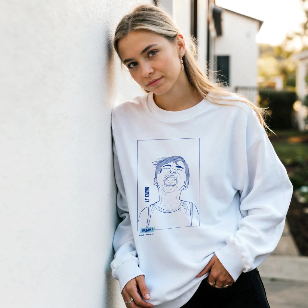 sweat pull blanc unisexe dessin bleu