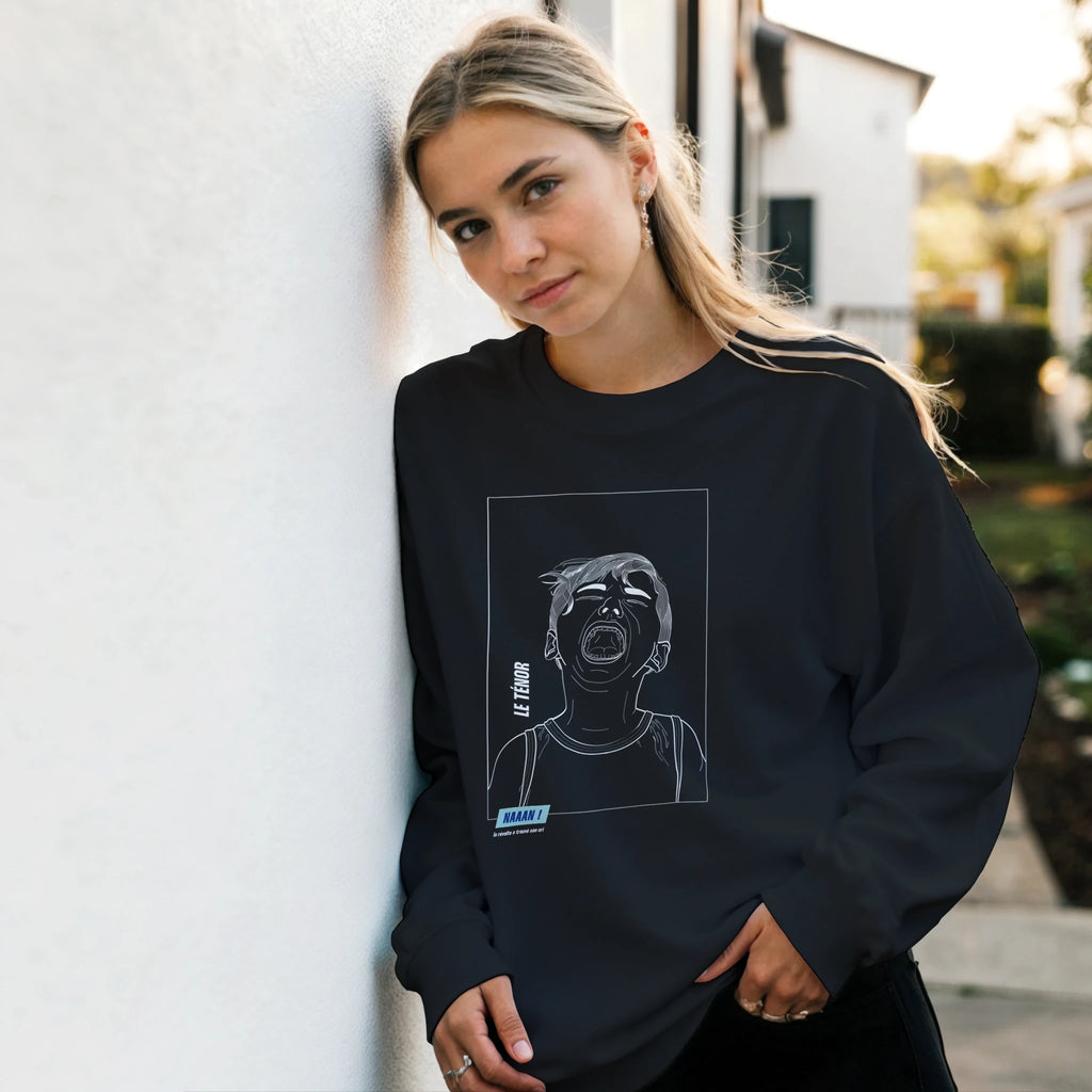 sweat pull noir unisexe dessin blanc