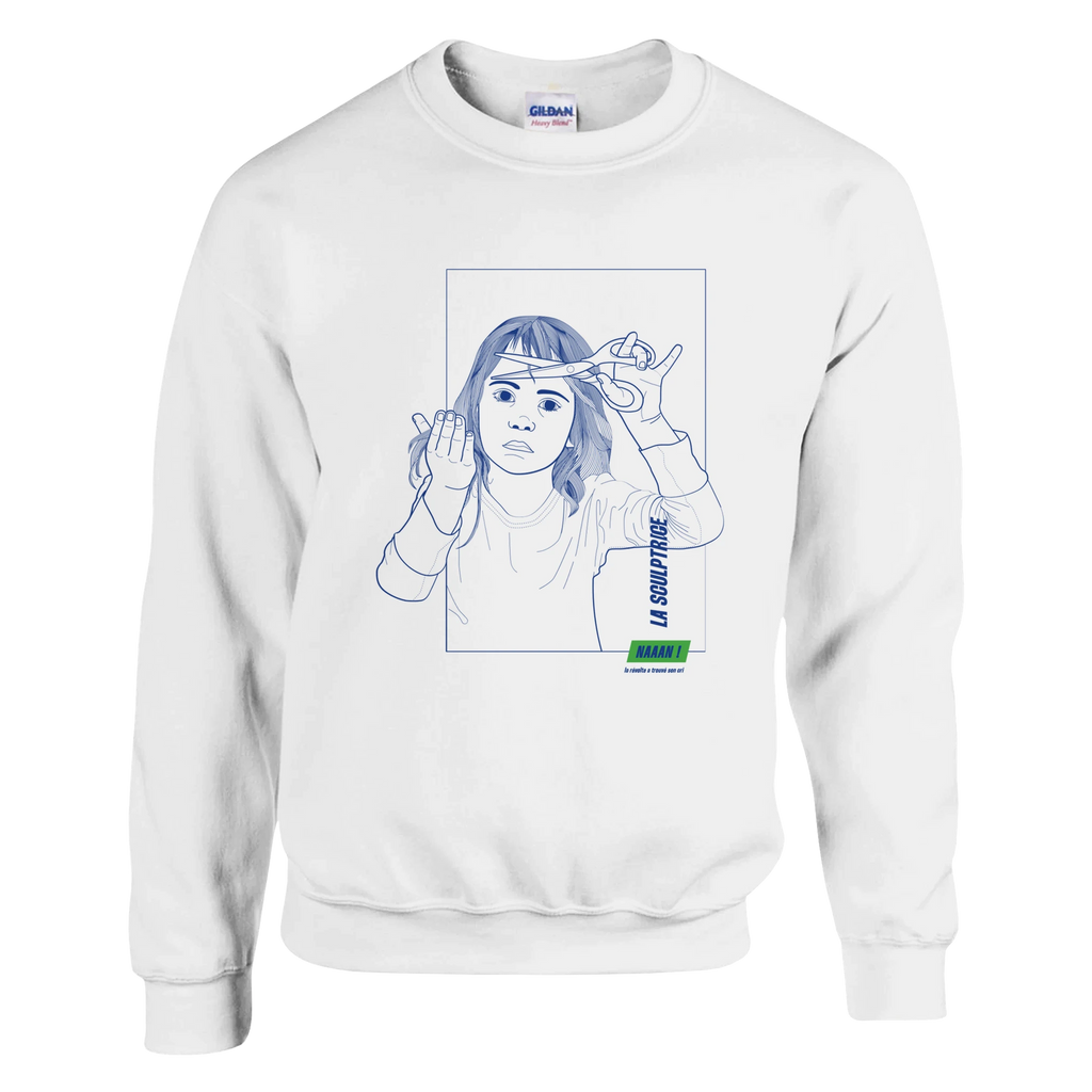 sweat pull unisexe blanc dessin bleu-avant