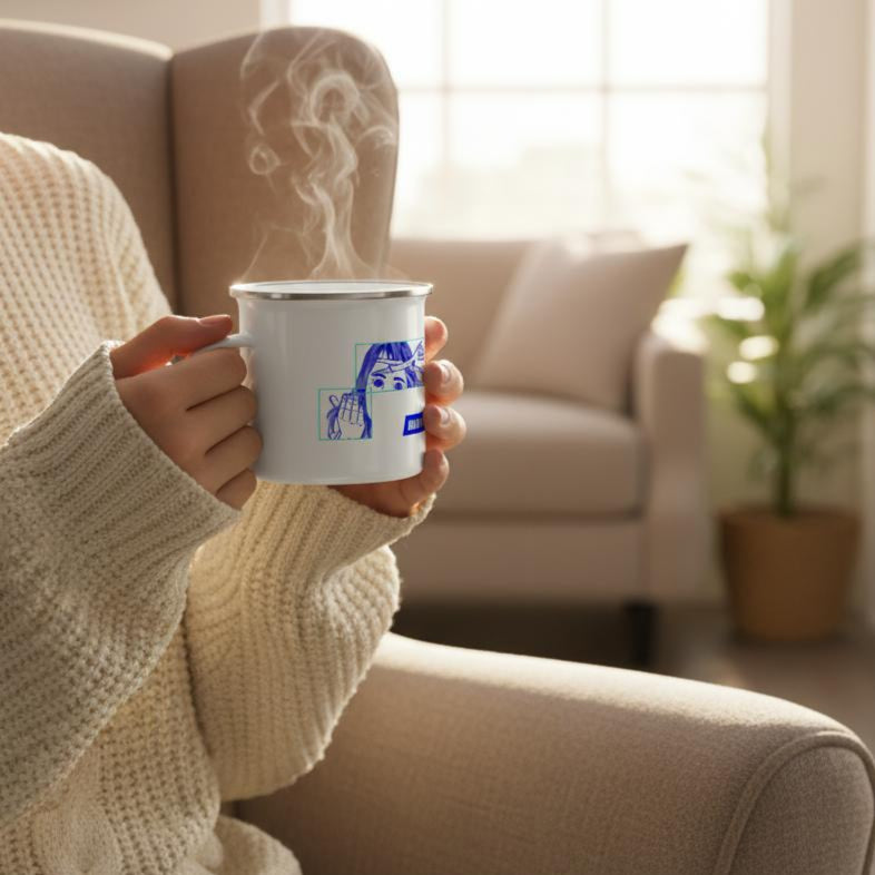 boisson chaude dans une tasse en émail imprimée dessin original 