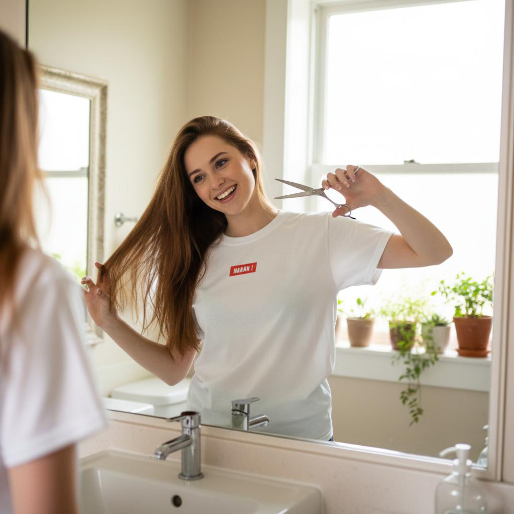 une femme se coupe les cheveux en souriant