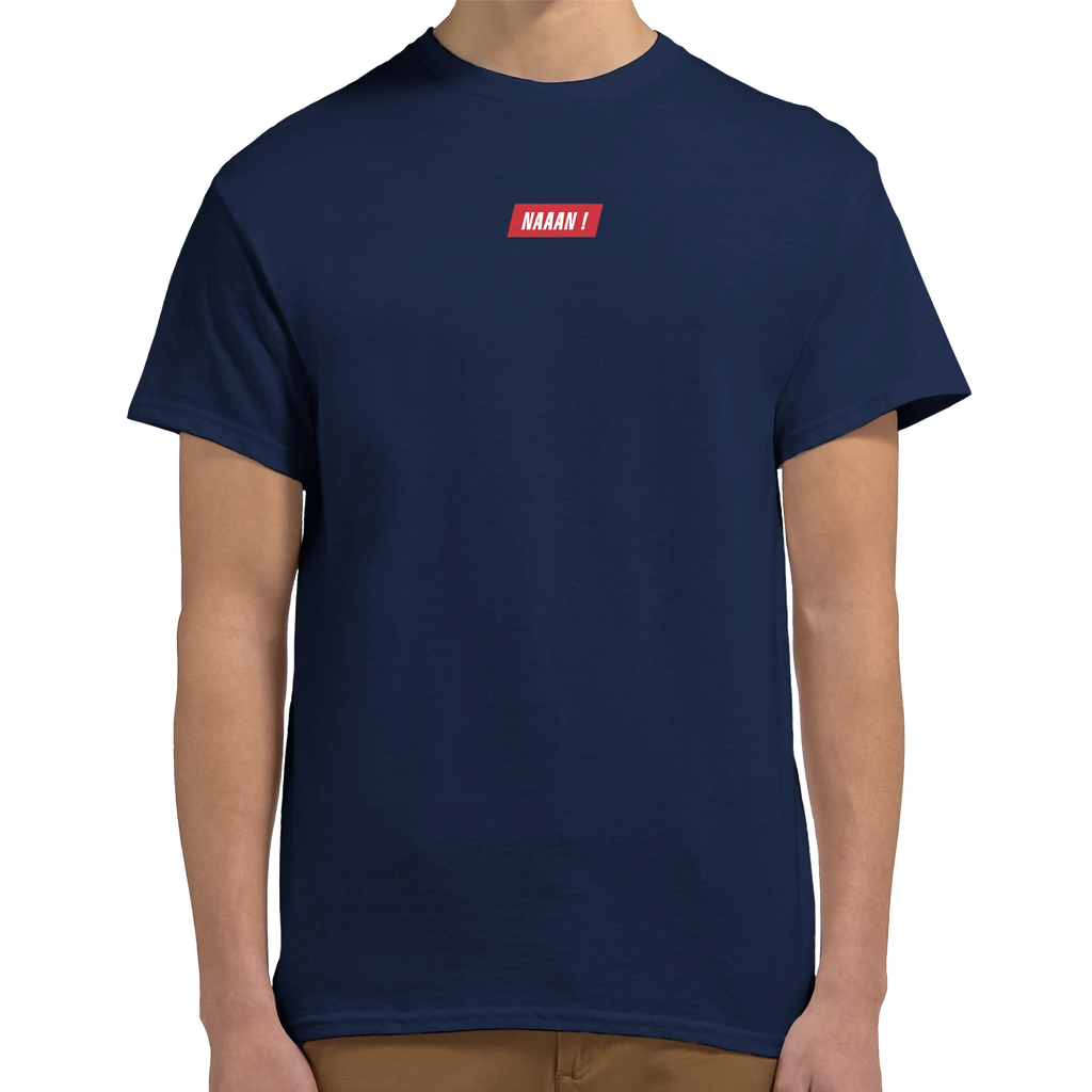tee-shirt bleu unisexe avant logo rouge et blanc
