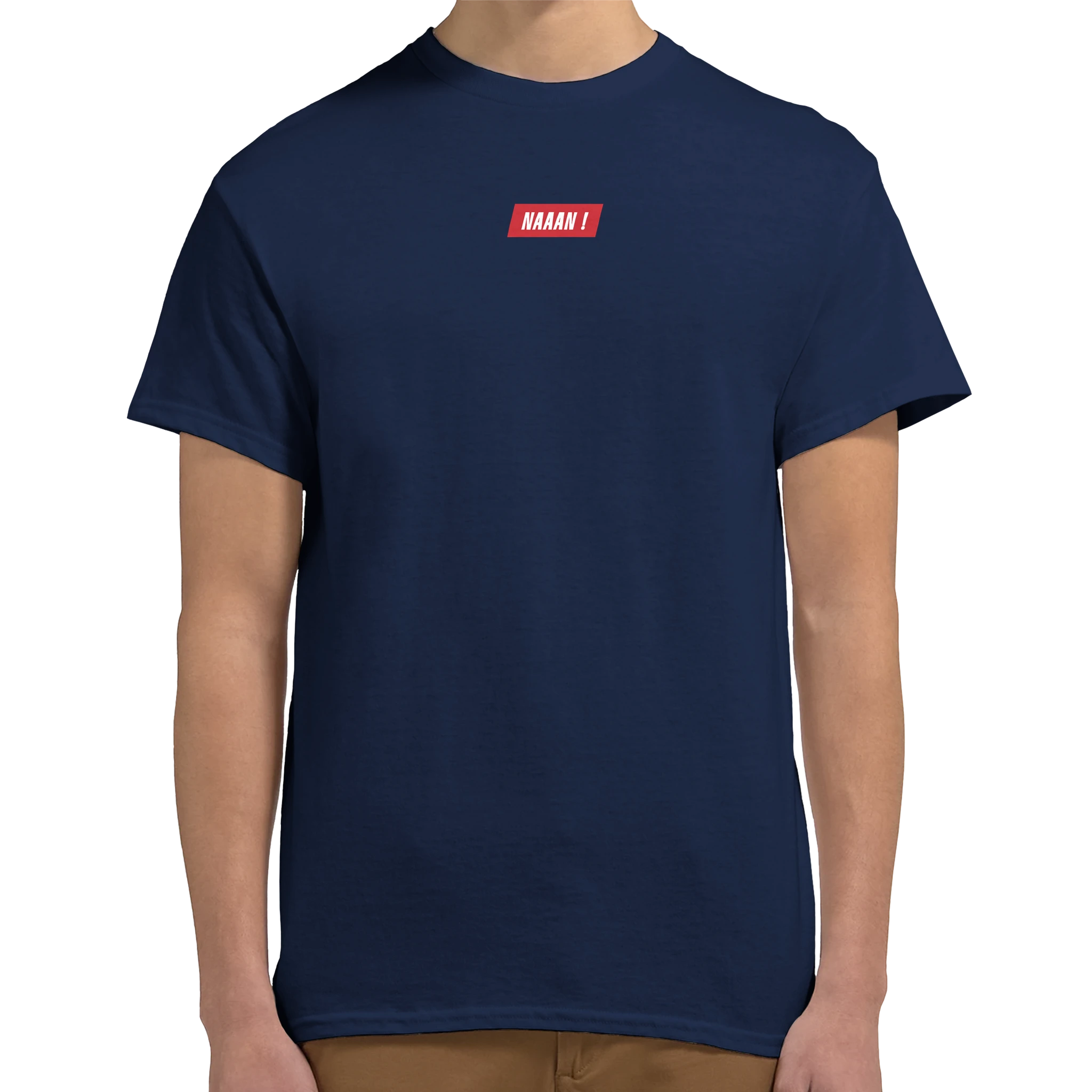 tee-shirt bleu unisexe avant logo rouge et blanc