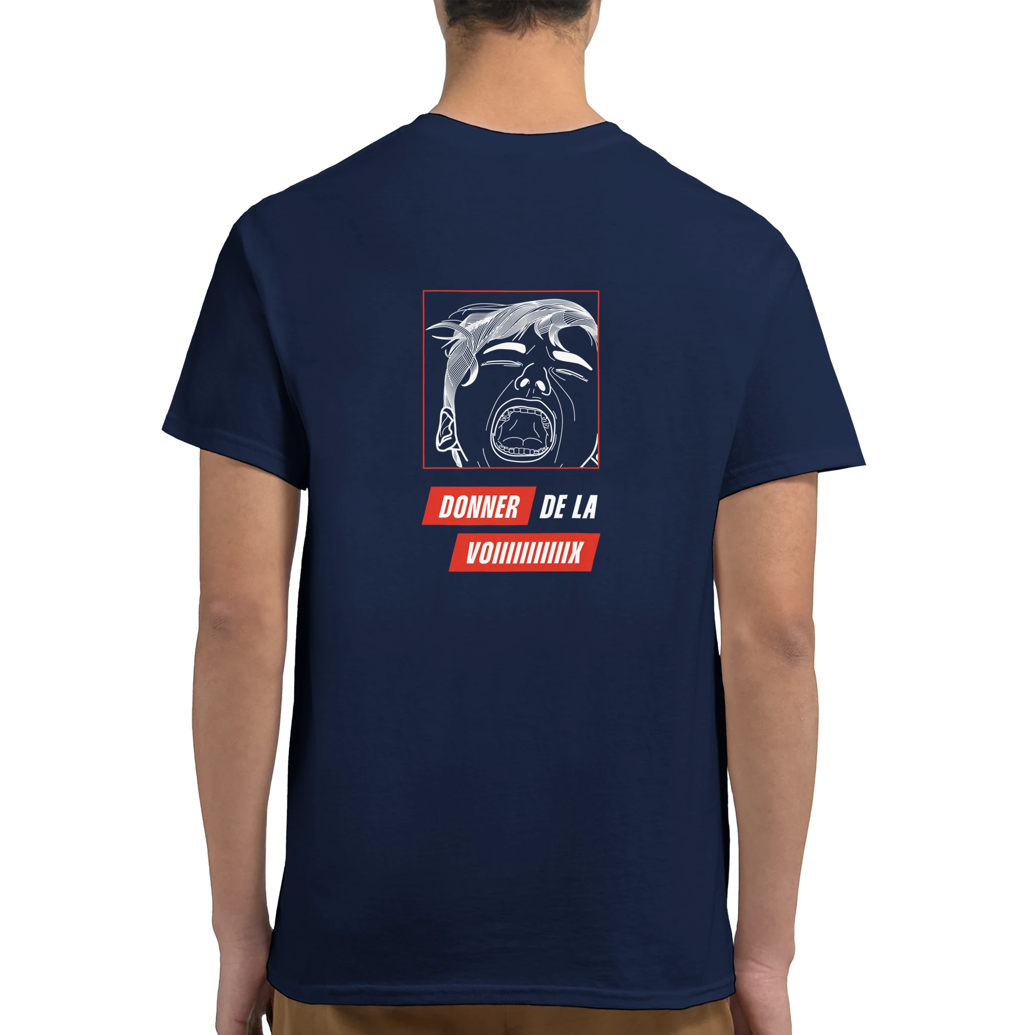 tee-shirt bleu unisexe dos dessin rouge et blanc