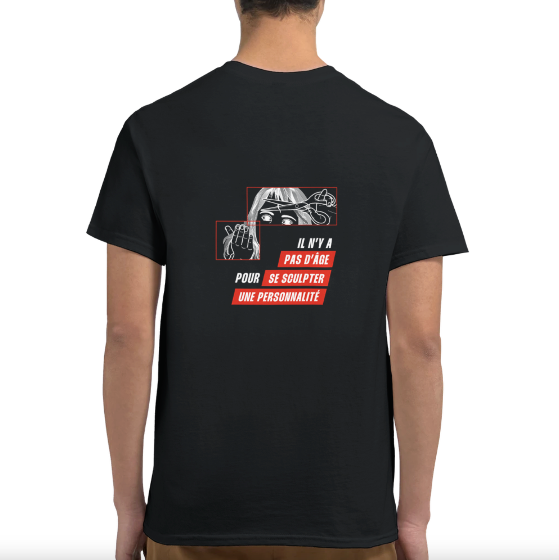 tee-shirt noir unisexe dos dessin rouge et blanc