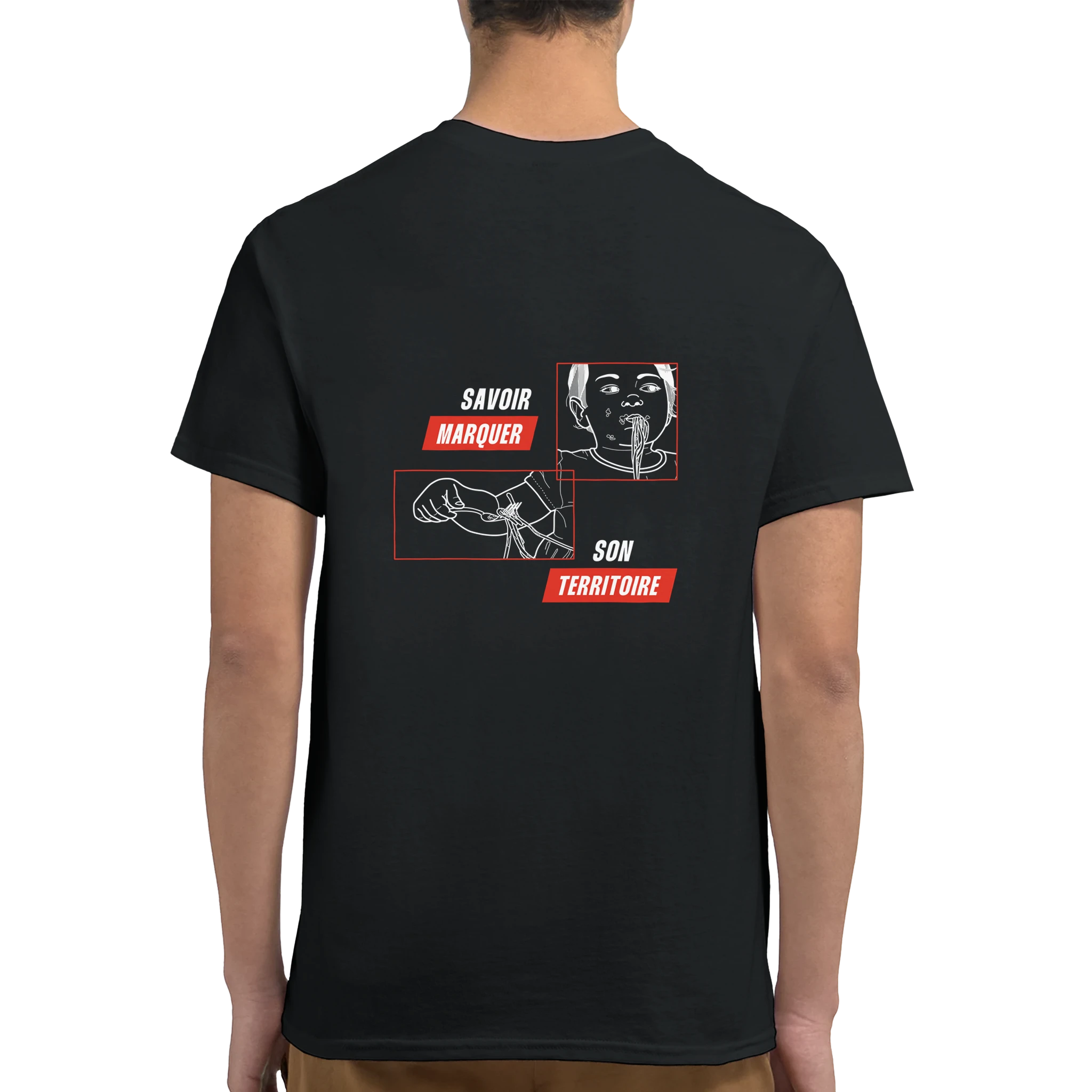 tee-shirt noir unisexe porté dos dessiné